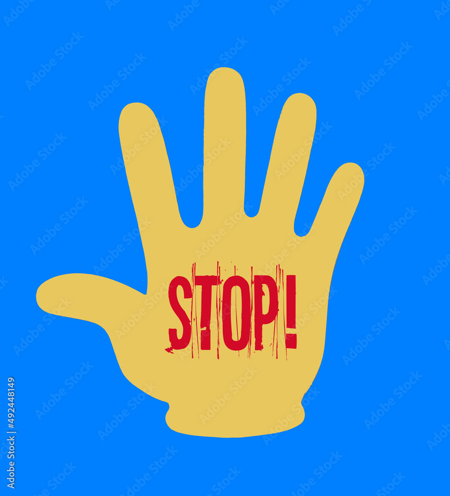 STOP on Ukrainian color yellow hand symbol on blue background STOP on Ukrainian color yellow hand symbol on blue background