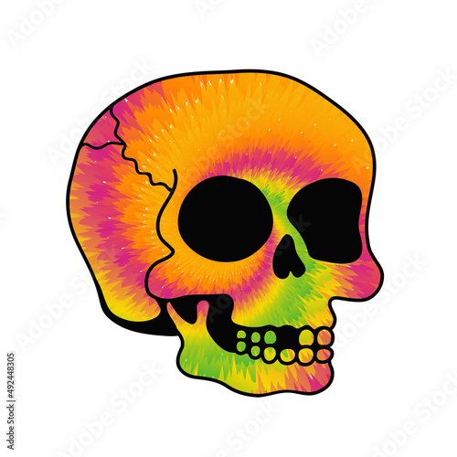 Tie dye psychedelic surreal skull.Vector tiedye cartoon character illustration logo.Skull tie dye melt,acid,techno,trippy print for t-shirt,poster,card concept