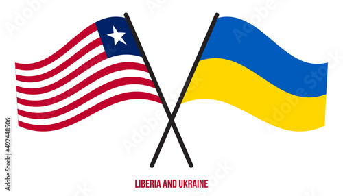 Liberia and Ukraine Flags Crossed And Waving Flat Style. Official Proportion. Correct Colors.