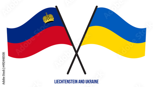Liechtenstein and Ukraine Flags Crossed And Waving Flat Style. Official Proportion. Correct Colors.