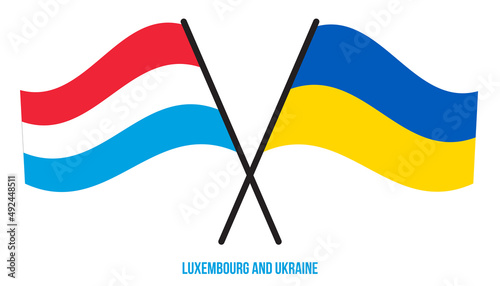Luxembourg and Ukraine Flags Crossed And Waving Flat Style. Official Proportion. Correct Colors.