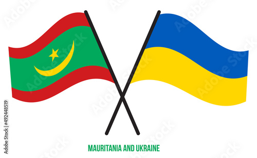 Mauritania and Ukraine Flags Crossed And Waving Flat Style. Official Proportion. Correct Colors.