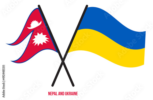 Nepal and Ukraine Flags Crossed And Waving Flat Style. Official Proportion. Correct Colors.