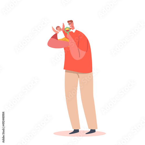 Dad with Rattle Playing with Child. Parenthood, Childhood, Father on Maternity Leave Concept. Family Fun, Leisure, Game