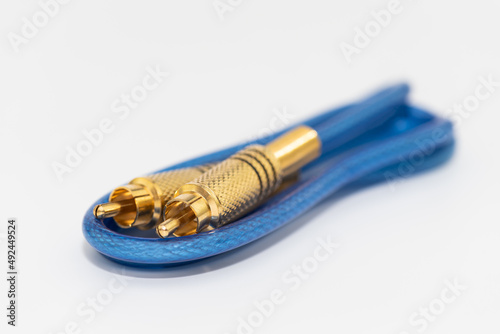 Stereo audio jacks gold plated, RCA connectors. Audio connectors, isolated on white background 
