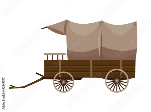 Wild west cartoon wagon with tent. Old western carriage icon isolated on white background