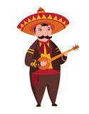 Mexican character. Mariachi music band musician in traditional dark clothes and sombreros playing on typical musical instrument guitar