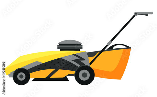Lawn mower machine in green color. Trimming, pruning and cutting grass electric or petrol mower work tool for garden. Flat cartoon icon isolated on white background