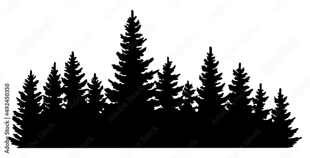 Obraz premium Fir trees silhouette. Coniferous spruce horizontal background pattern, black evergreen woods vector illustration. Beautiful hand drawn panorama with treetops forest