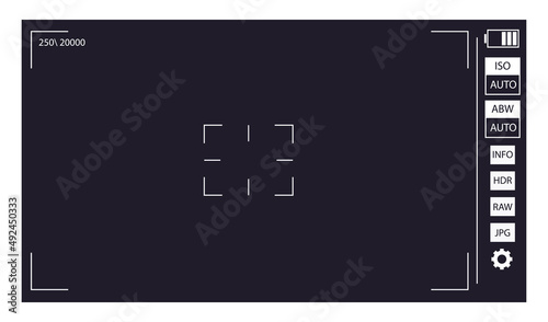 Camera viewfinder. Focusing screen recording. Black screen camera with video shooting parameters, photo quiality indicators. Digital zoom recording for modern vector bloggers