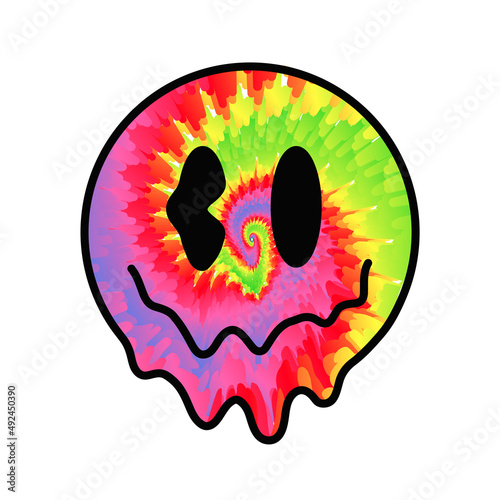 Funny tie dye psychedelic surreal melt smile face.Vector tiedye cartoon character illustration logo.Smile yellow groovy face tie dye melt,acid,techno,trippy print for t-shirt,poster,card concept