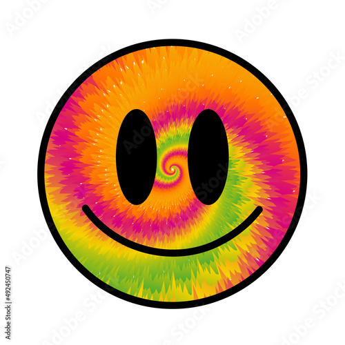 Funny tie dye psychedelic surreal smile face.Vector tiedye cartoon character illustration logo.Smile yellow groovy face tie dye melt,acid,techno,trippy print for t-shirt,poster,card concept