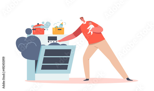 Single Father on Maternity Leave Concept. Dad Cooking Dinner on Kitchen, Little Baby Sitting on Hands, Family Routine