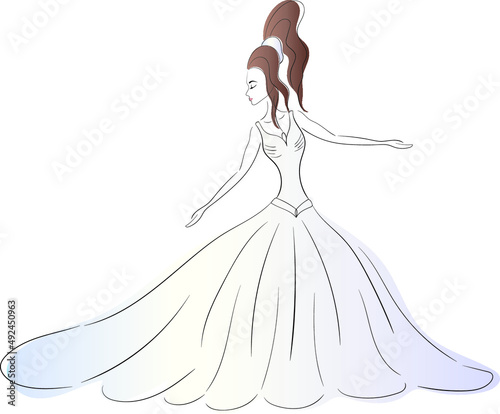 Beautiful bride girl wearing wedding dress isolated on white background. Vector illustration.