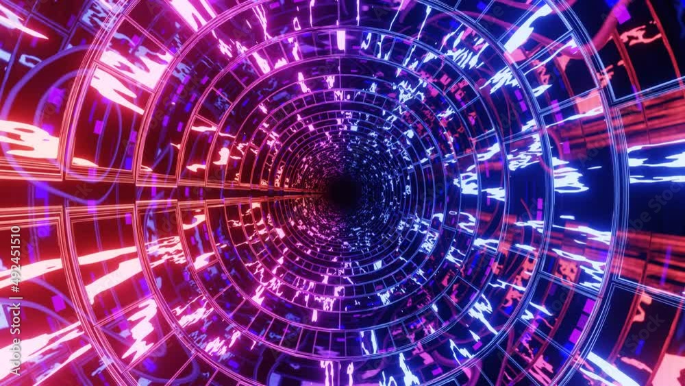Hi-tech neon sci-fi tunel. Trendy neon glow lines form pattern and construction in mirror tunnel. Fly through technology cyberspace. Neon rings. 3d looped seamless 4k bright youth background.