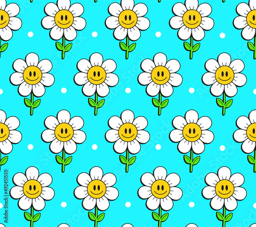 Cute funny kawaii smile face flowers on blue background seamless pattern.Vector cartoon kawaii character illustration design.Positive vintage smile face, camomile flower seamless pattern concept