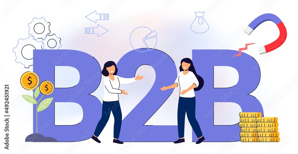 B2B Business to business Successful business collaboration Data and key performance indicators for business intelligence analytics Marketing strategy, commerce Vector illustration concept
