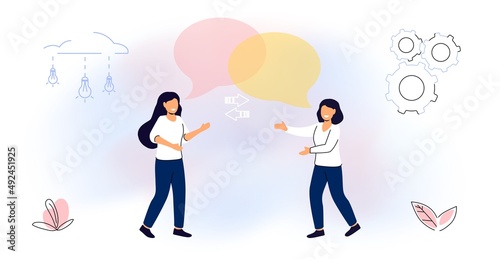 Finding common ground Search for opinion compromise concept Cooperation and united partnership Mentorship Guidance and leadership Empathy and communication Face to face heads Vector flat illustration