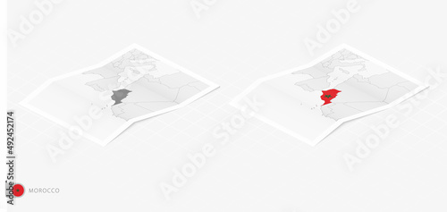 Set of two realistic map of Morocco with shadow. The flag and map of Morocco in isometric style.