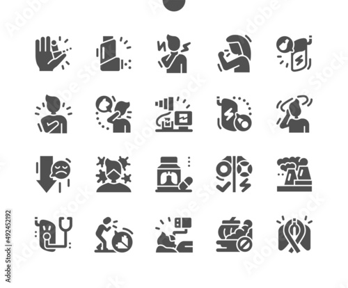 Asthma. Inhaler. Treatment of asthma. Lung diagnostics. Polluted air. Health care, medical and medicine. Vector Solid Icons. Simple Pictogram