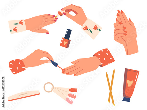 Set Women Hands Manicure Procedure, Female Character Cover Nails with Polish, Color Palette, Nail File, Wooden Sticks