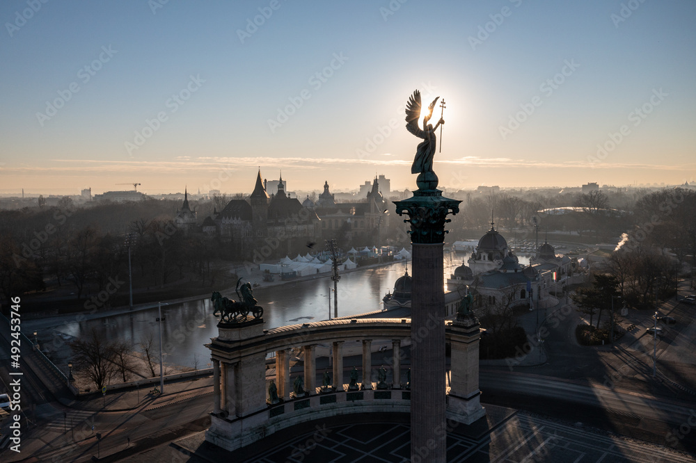 Aerial view from Heroes Square in Budapest at sunrise