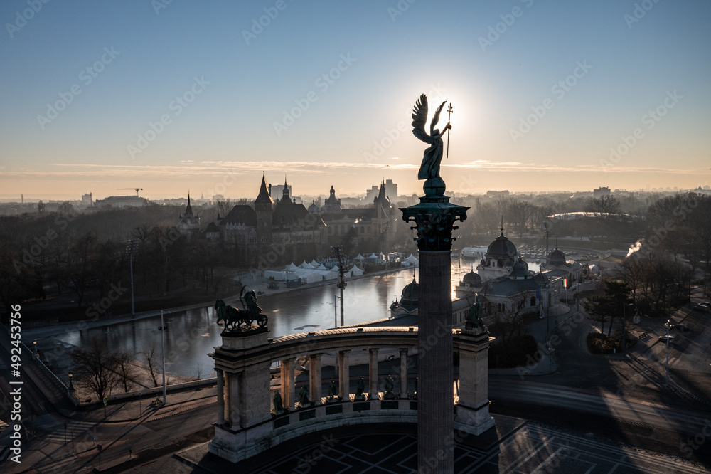 Fototapeta premium Aerial view from Heroes Square in Budapest at sunrise
