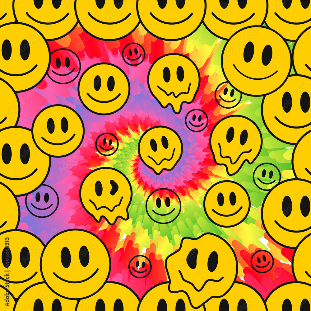 Funny crazy melt smile faces,tie dye seamless  tie dye crazy  cartoon character  hippie faces,60s melting acid,trippy, tiedye seamless pattern wallpaper print concept Stock Vector | Adobe Stock