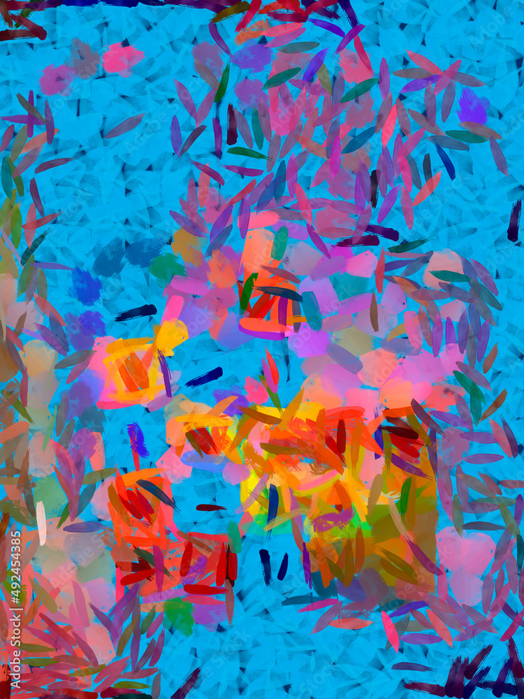 abstract colored acrylic background with large brush strokes with blue pink orange elements