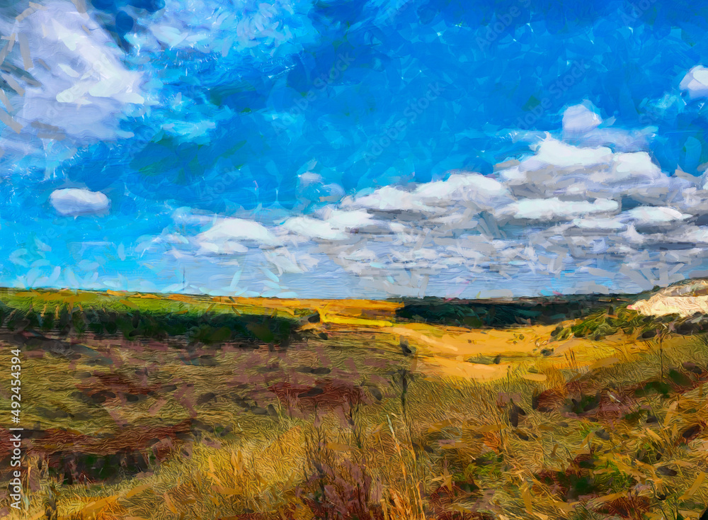 abstract drawing of a field with a blue sky oil stylization landscape blue yellow colors