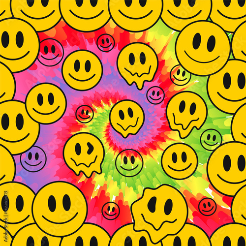 Funny crazy melt smile faces,tie dye seamless pattern.Vector tie dye crazy cartoon character illustration.Smile hippie faces,60s melting acid,trippy,tiedye seamless pattern wallpaper print concept