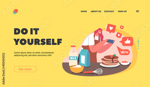 Foodie Vlog Streaming, Food Blogging Landing Page Template. Female Blogger Character with Smartphone Take Photo of Dish