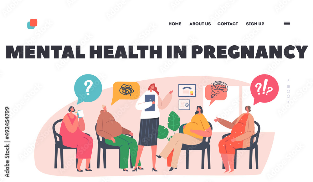 Mental Health in Pregnancy Landing Page Template. Group of Pregnant Women Visit Support Course for Psychology Assistance Mental Health in Pregnancy Landing Page Template. Group of Pregnant Women Visit Support Course for Psychology Assistance