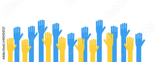 Help Ukraine no war concept with hands of Various people. Symbol of human community help in Ukranian national flag colors flat vector banner