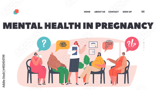 Mental Health in Pregnancy Landing Page Template. Group of Pregnant Women Visit Support Course for Psychology Assistance