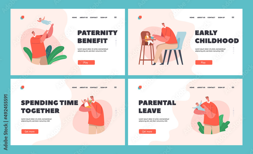Single Father Raising Child Landing Page Template Set. Dad Feed Son, Cooking, Play with Toddler. Happy Family Sparetime