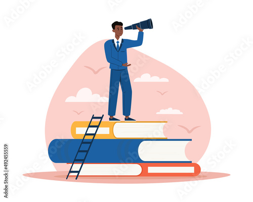 Businessman on book. Man in suit looks through binoculars. Vision goals, ambitions and dreams and leadership. Entrepreneur looking for ways to develop company. Cartoon flat vector illustration