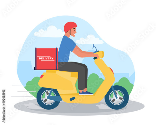Express delivery concept. Young guy rides scooter with box  modern technology and online shopping. Delivery of goods and logistics  courier on highway  globalization. Cartoon flat vector illustration