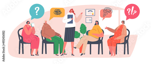 Group of Pregnant Women Visit Support Courses. Childbirth Psychology Assistance, Couch Character Speak About Pregnancy