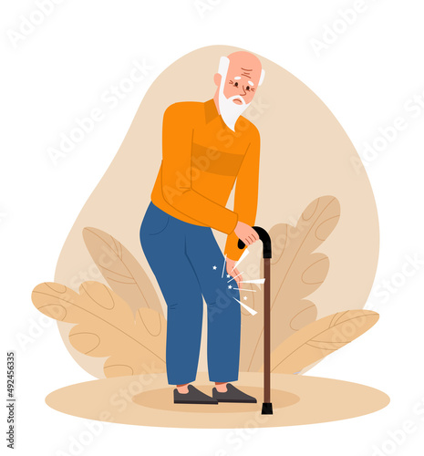 Knee pain concept. Grandfather with stick walks and limps, problems with joints and ligaments, old age and dysfunction of motor motor apparatus. Pain and suffering. Cartoon flat vector illustration