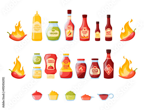 Set of Hot Sauces in Jars, Bottles, Bowls, Red Chili Pepper in Fire, Wasabi, Mustard in Tube, Bbq or Soy Condiments
