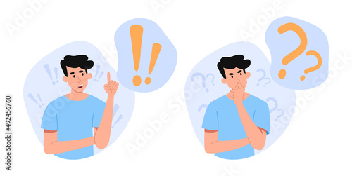 Student think concept. Boy thought about problem and idea came to him. Finding best option difficult task. Homework or examination question or knowledge test. Cartoon flat vector illustration
