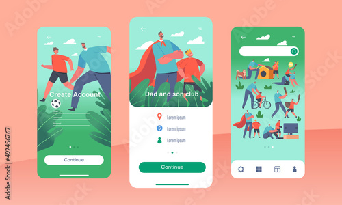 Dad and Son Club Mobile App Page Onboard Screen Template. Happy Family Characters Father and Child Spend Time Together