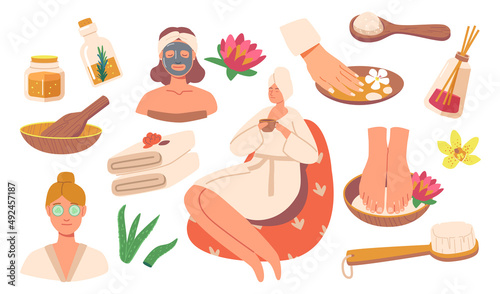 Set of Icons Spa Salon Procedures. Female Character in Turban Drink Tea, Massage Brush, Clay, Paraffin Mask, Aroma Oil