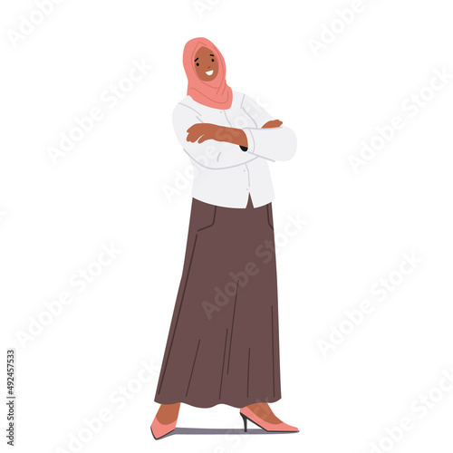 Arabic Business Woman with Crossed Arms. Arabian Female Character Dressed in Traditional National Hijab and Long Skirt