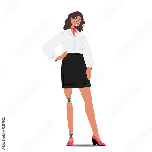 Young Handicapped Businesswoman with Leg Prosthesis. Female Character in Formal Wear Elegant Blouse and Black Skirt