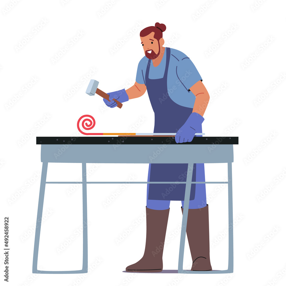 Blacksmith Male Character Hitting Iron Piece with Hammer. Man Wear Apron Work with Instruments. Master Work with Metal Blacksmith Male Character Hitting Iron Piece with Hammer. Man Wear Apron Work with Instruments. Master Work with Metal