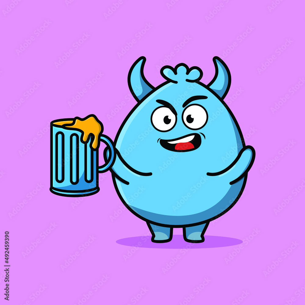 Goblin monster cartoon mascot character with beer glass and cute stylish design 