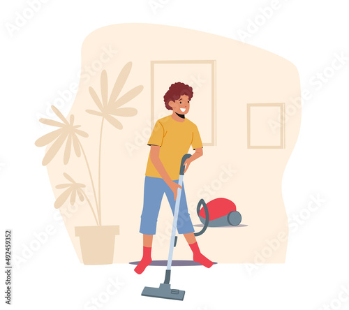 Boy Character Doing Domestic Work, Cleaning Floor, Baby Clean Carpet. Child Helper Vacuuming Home with Vacuum Cleaner