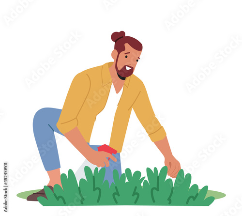 Male Character Enjoying Plants Gardening Hobby. Young Man Gardener or Florist Working in Botanical Garden